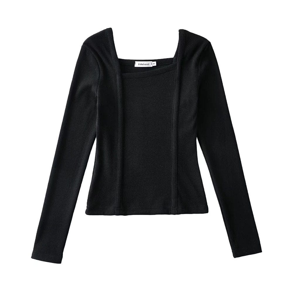 S / Black R20122S Women's fashion solid color front pressure line asymmetric front collar bottoming top knitted shirt tops
