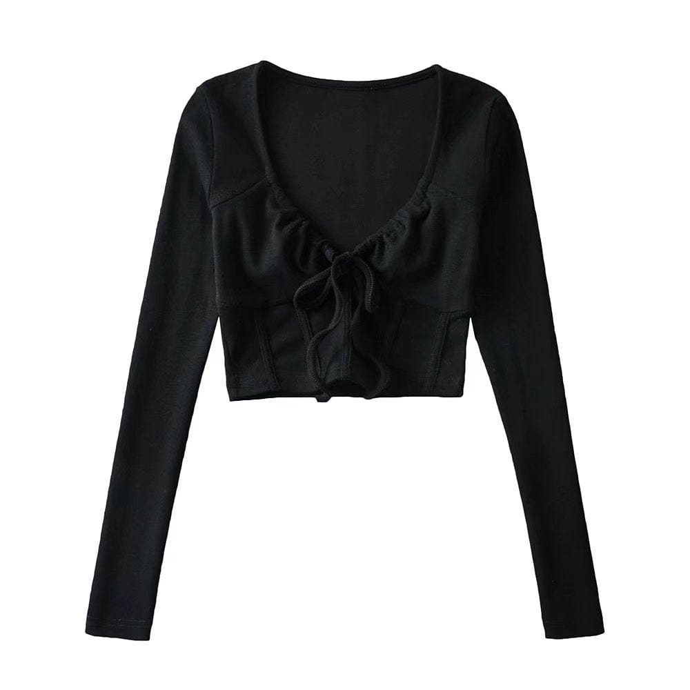 S / Black R20129S 2022 New design women's fashion solid color slim short drawstring fishbone stickers long-sleeved T-shirt