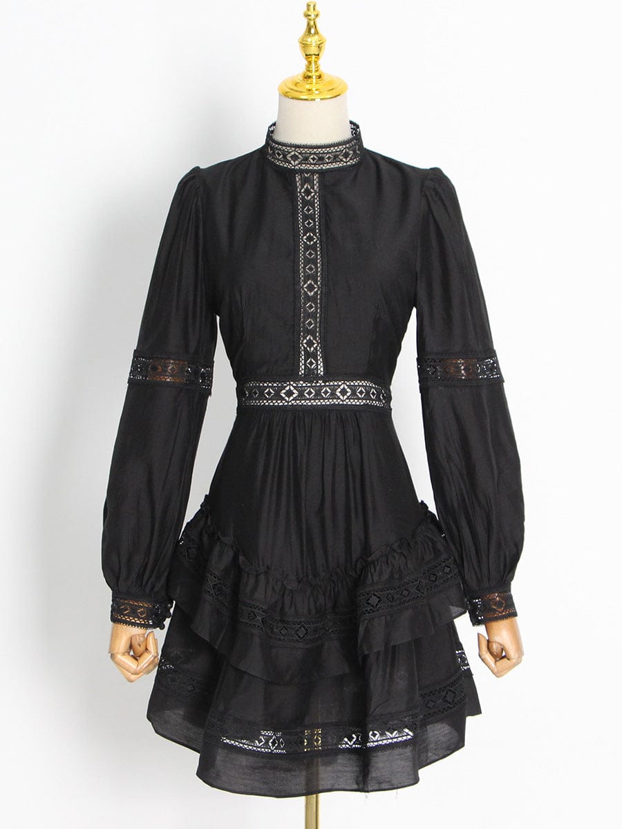 S / black Ropa Por Mayor Fashion Style Embroidered Dress 2022 Autumn New Lace Stand Collar Waist Women Mini Dress