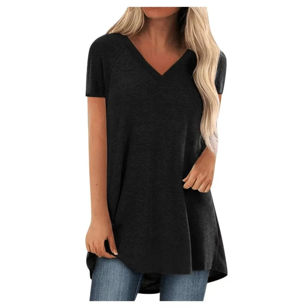 S / Black S-5XL Women's Cool Summer Solid Multi Color Top V-neck short sleeved shirt