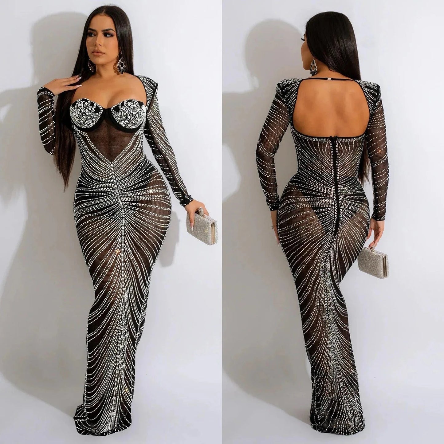 S / Black Sexy Mesh Rhinestone Crystal Maxi Dress New Women Long Sleeve Sheer Skinny Night Club Long Dress