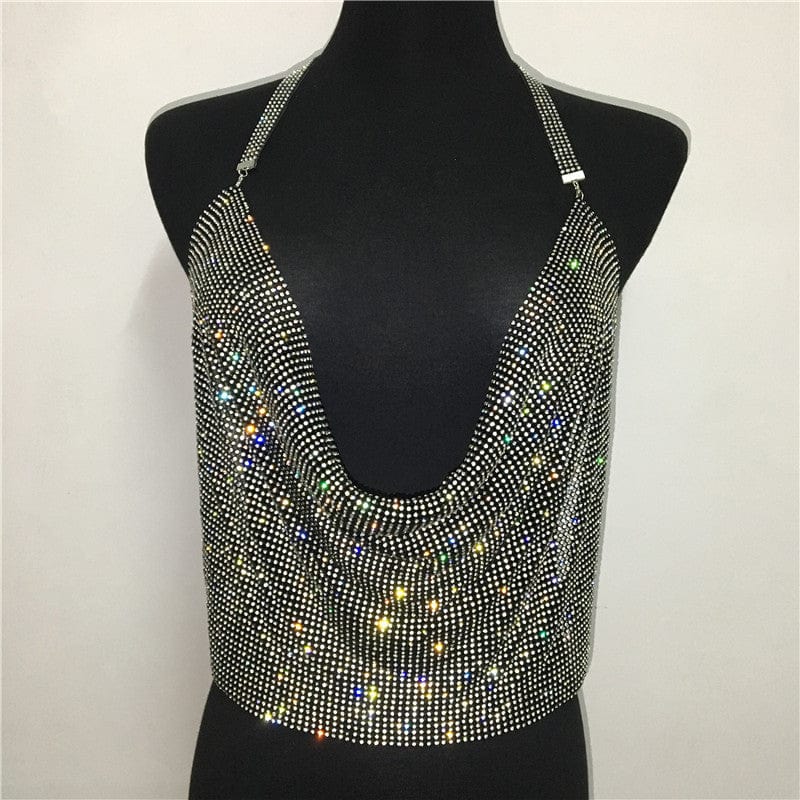 S / black SHIHAN 2023 New Sexy rhinestones top color chainmail diamond party crystal deep V crop top for fashion festival vest women