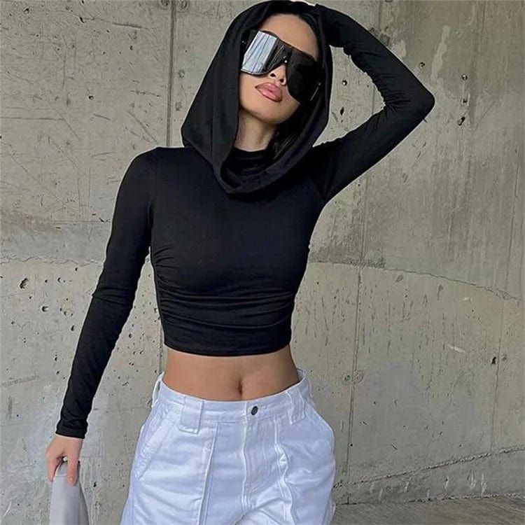 S / Black / Spandex / Polyester Solid Folds Hooded Crop Top Women Grunge y2k Full Sleeve Skinny T Shirts Harajuku Street Style Autumn Tees