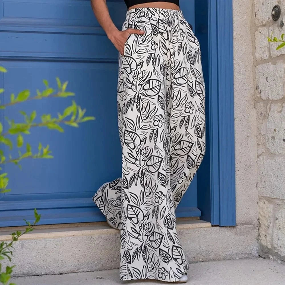 S / Black Spring Autumn New Women's Printed Pants Wide Leg Pants Slant Pocket Casual Beach Pants