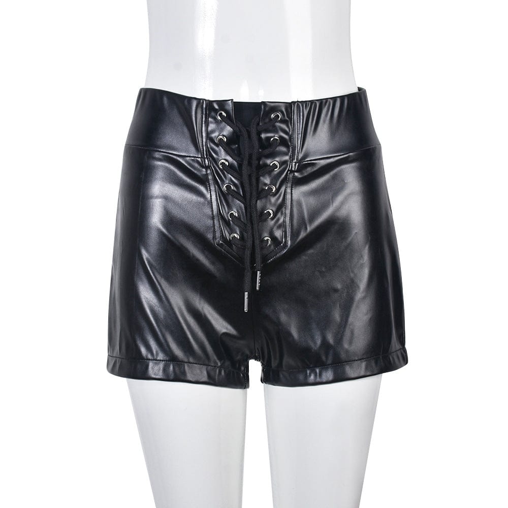 S / black Spring Clothing 2023 Club Wear Party Hot Short Pants Sexy Lace up PU Short Pants for Women Shorts