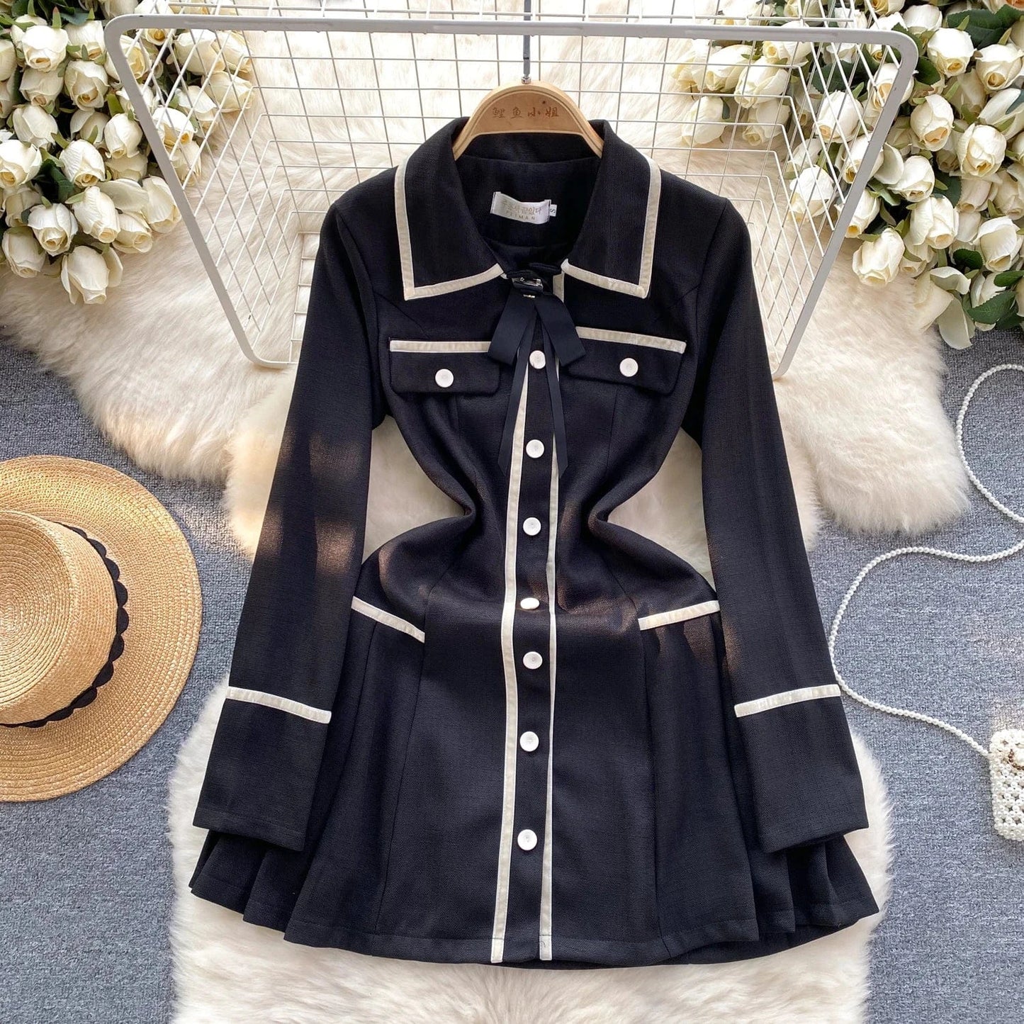 S / Black Spring Fall Slimming Simple Style Lady Short Skirt French Retro High End Luxury Style Dress