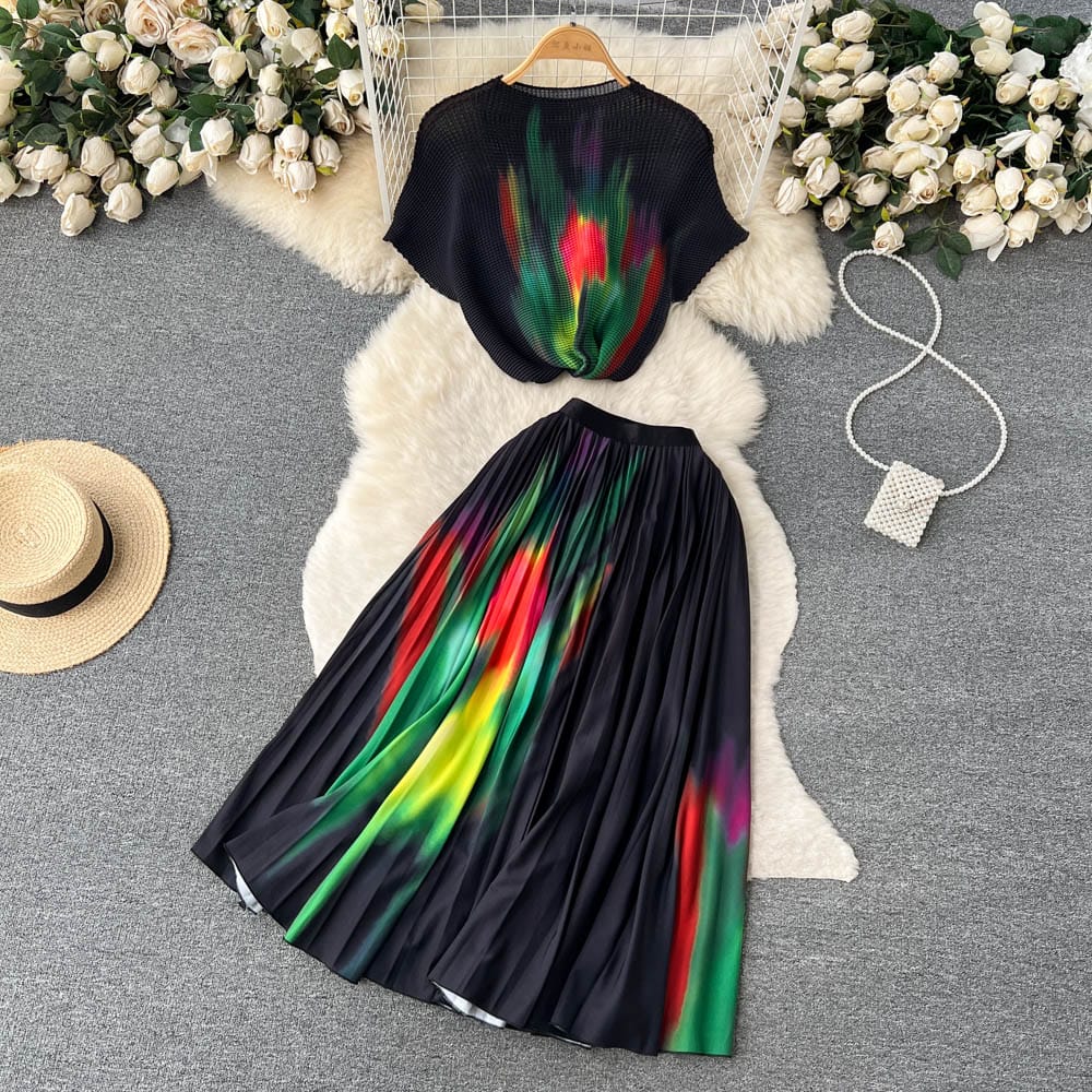 S / black Summer European and American fashion printing suit Women's French chic top+mid-length pleated skirt two-piece suit