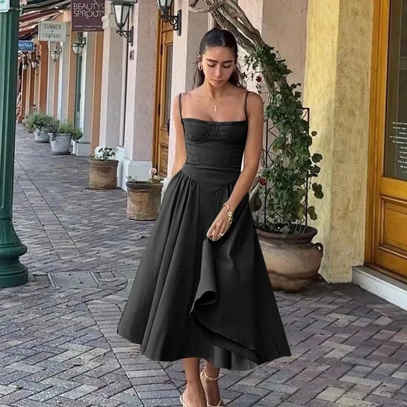 S / Black Summer New style suspender dress French retro Long skirt Solid color Printing wearing suspender Dress women