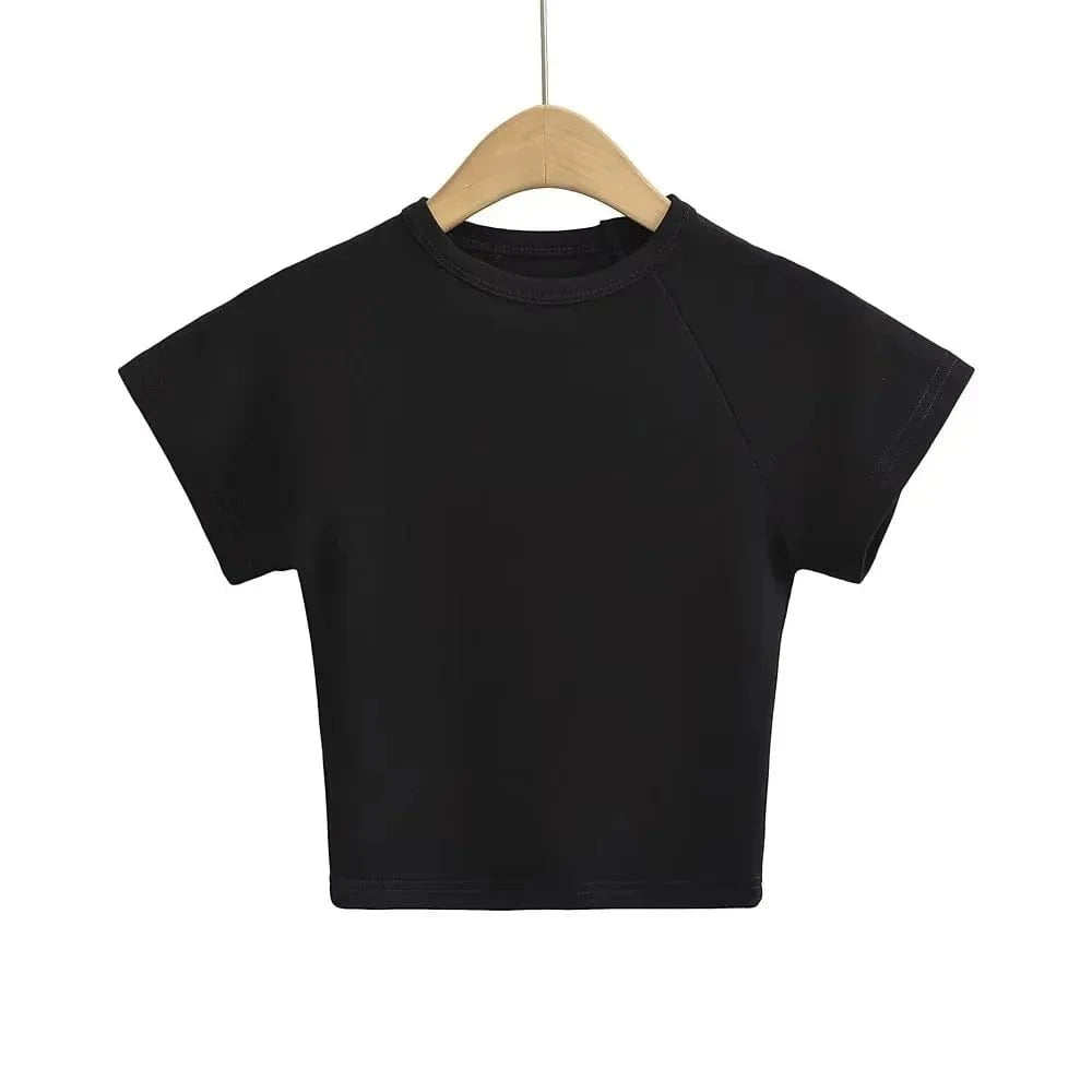 S / Black T shirt Manufacture Crop Bady Tee Custom logo Cute crew neck raglan seam short sleeve crop t shirts for women
