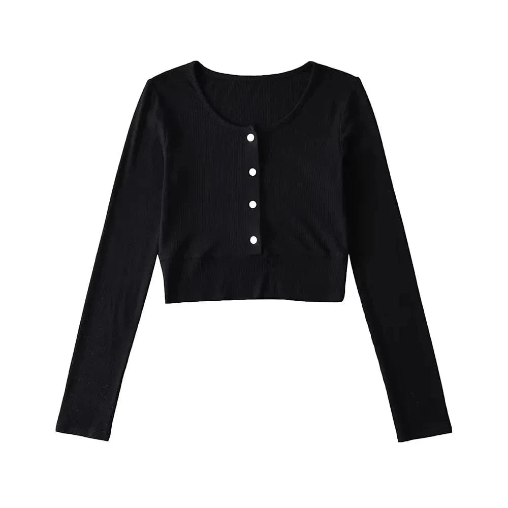 S / Black T shirt Manufacture Custom Logo rib stretchy Elastic sleeve Cuff Crew neck button up CropPlain Long sleeve Women T shirt