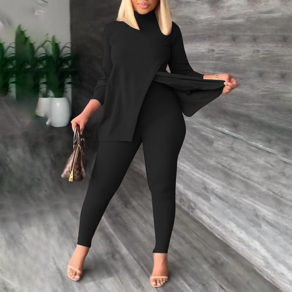 S / black Trendy Women Clothes Casual Daily Solid Slit Turtleneck Long Sleeve Two Pieces Matching Sets