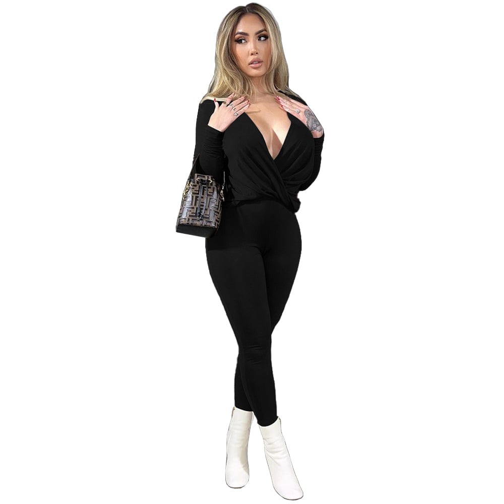 S / black Trendy Women Clothes Casual Sexy Solid Color V-neck Cross Pleated Loose Tops Trousers Two Piece Set