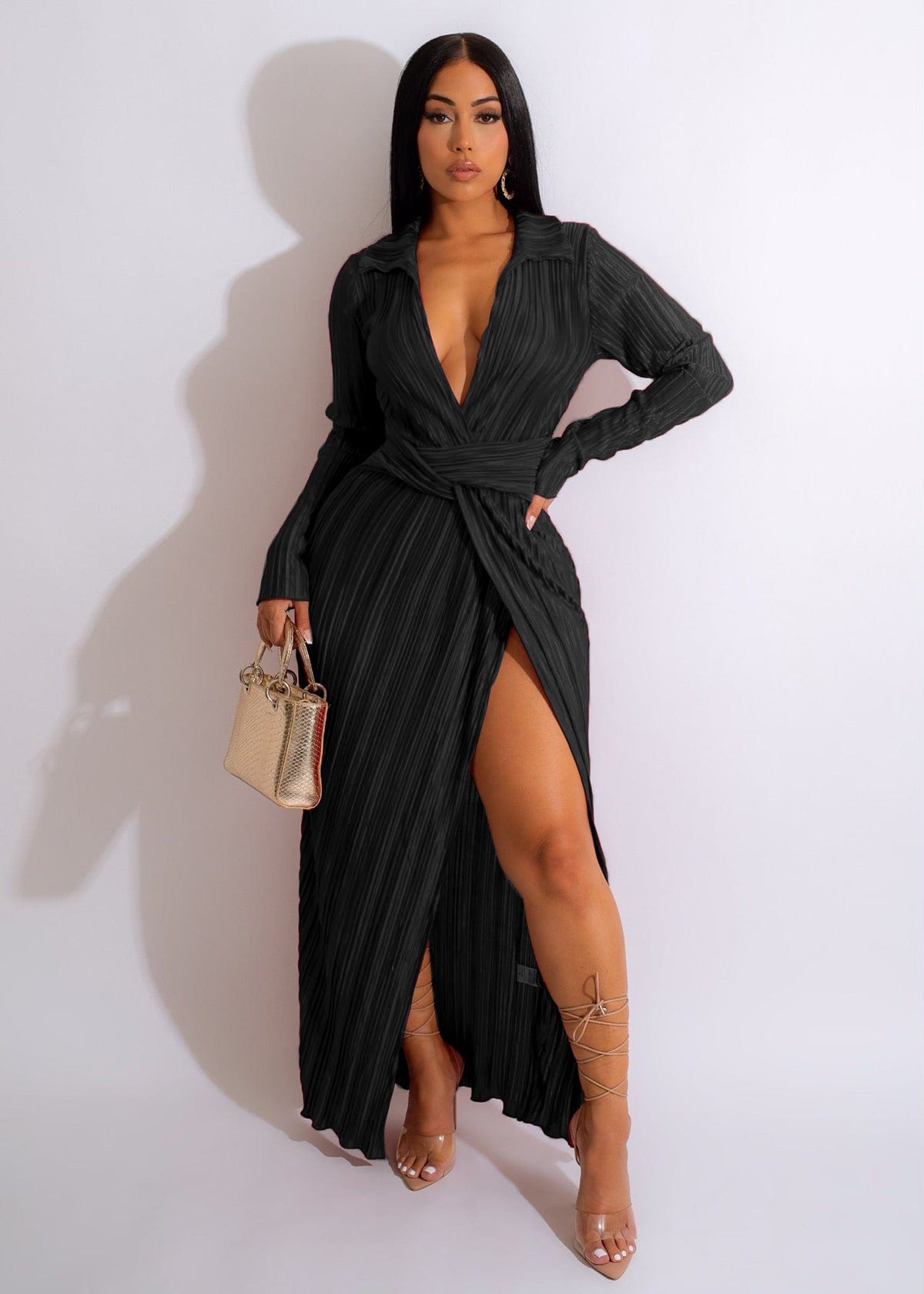 S / black Trendy Women Clothes Fashion Dresses  Split Dress V Neck Long Sleeve Fall Winter Sexy Women Maxi Pleated Dresses