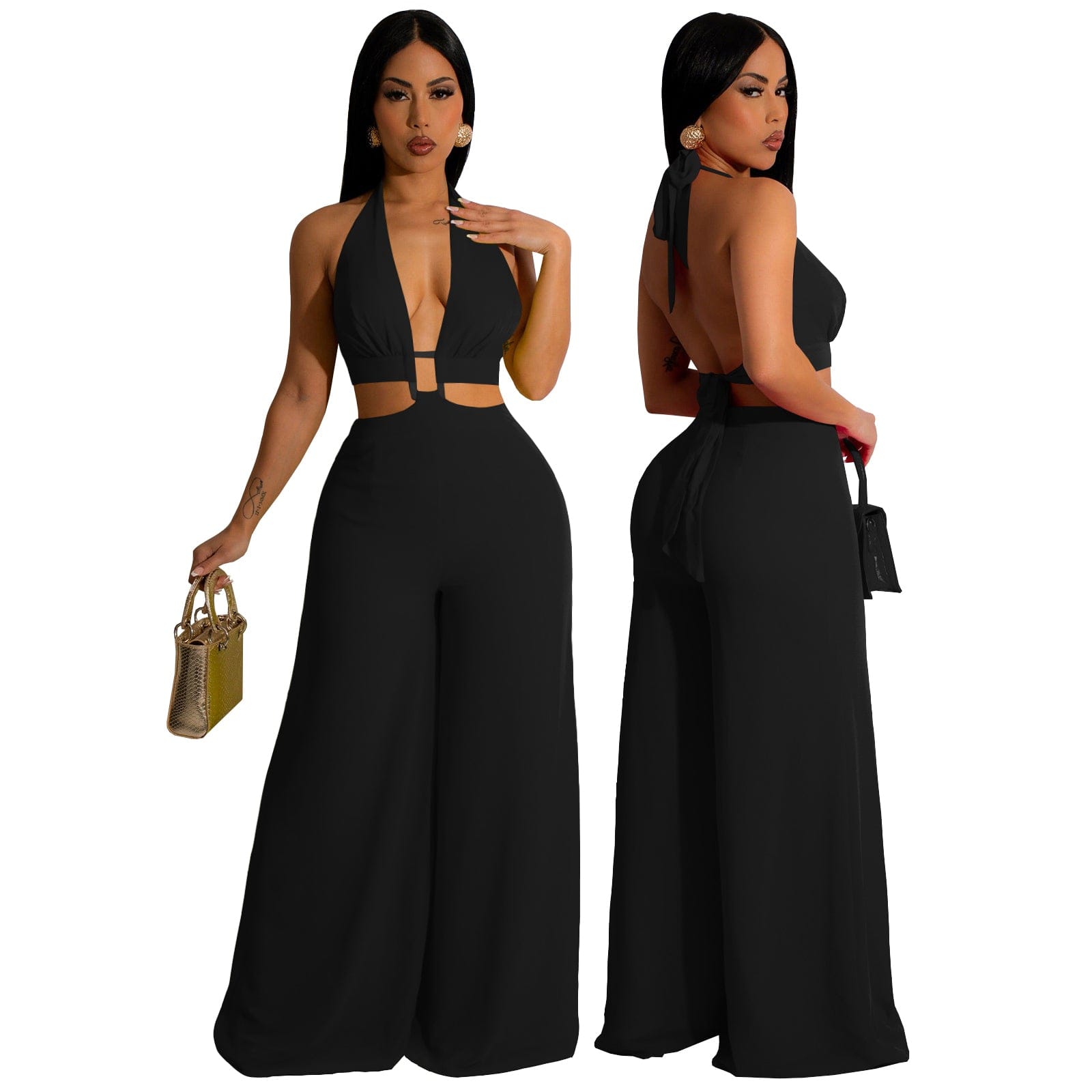 S / black Trendy Women Clothes Solid Color Bandage Halter Backless Wide-leg Jumpsuit