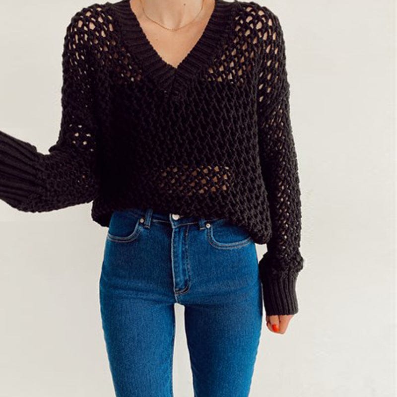 S / black V-neck hollow out women's sweater loose comfortable long sleeve knitwear solid color women's top sweater wholesale