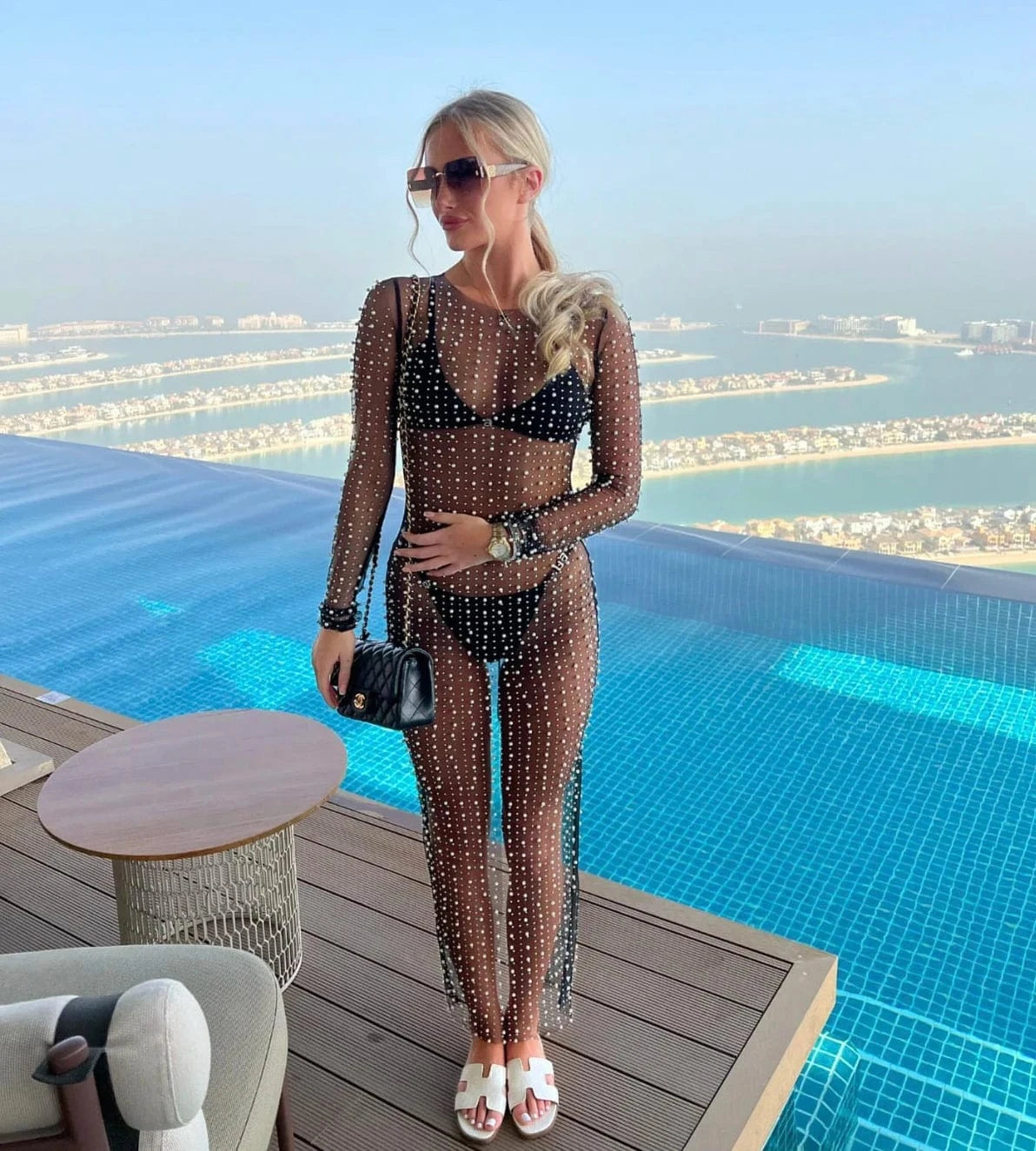 S / Black W-S1171A Rhinestone Mesh See Through Dress Lady Long Sleeve Transparent Bikini Cover Up Clubwear Fashion Sexy Sheer Dress