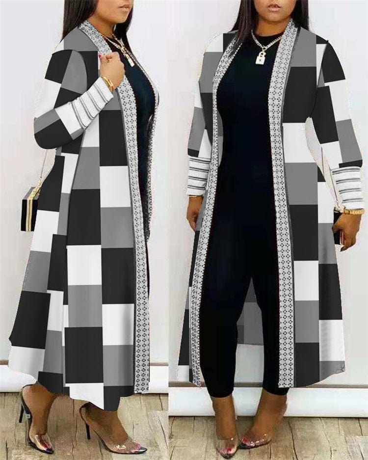 S / Black&white grid New Fashion Cardigan Windbreaker Loose Long Sleeve Vertical Casual 3XL Cloak Plaid Retro Sexy Coat
