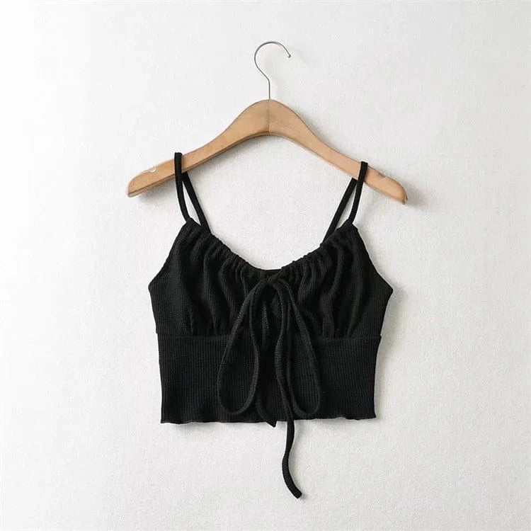 S / Black Wholesale 2022 Summer Crop Top with Drawstring Sleeveless Hollow Out Waffle Women Crop Tank Top