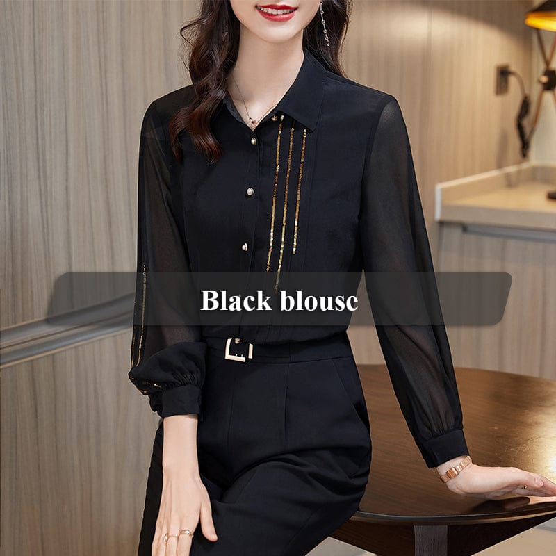 S / black Wholesale High Quality New Elegant Female Loose Shirt Turndown collar Black Casual Women Clothes Tops Office Ladies Blouses