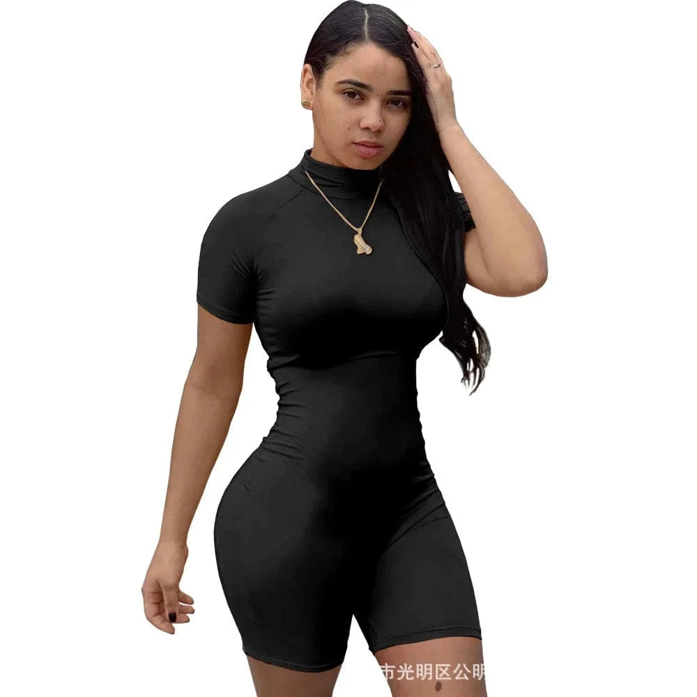 S / Black Wholesale Jumpsuits Skinny Short Sleeve Turtle Neck Onesies Playsuit Jumpsuit Summer Bodysuits for Women