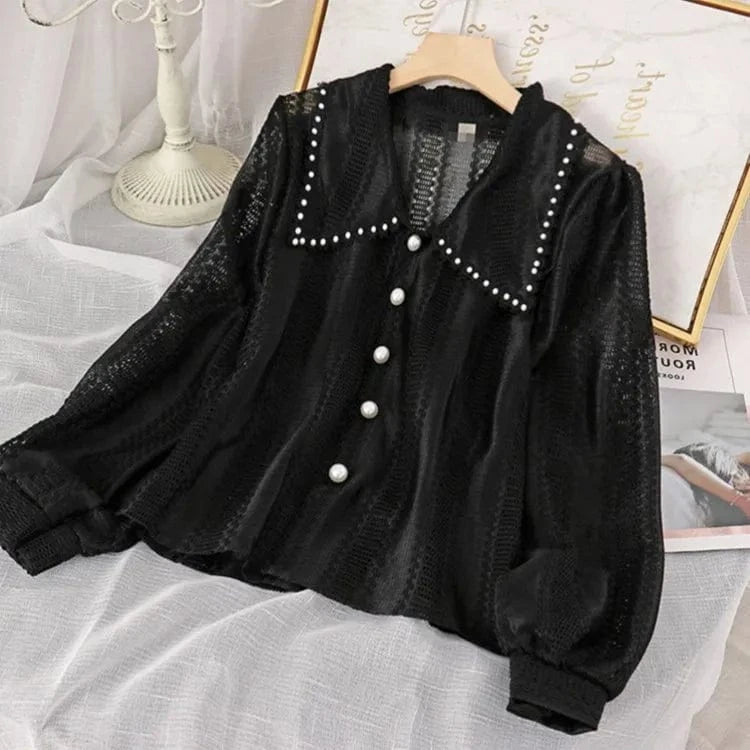 S / Black Wholesale Women Girls Sweet Lace Knit Hollow Out Shirt Doll Collar Solid Color Shirts Tops Fashionable Casual Shirt