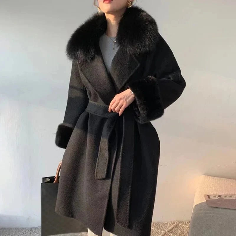 S / Black Windproof Belted Cashmere Coat Real Mink Fur Cuffs Long Wool Coat Women With Fox Fur Collar
