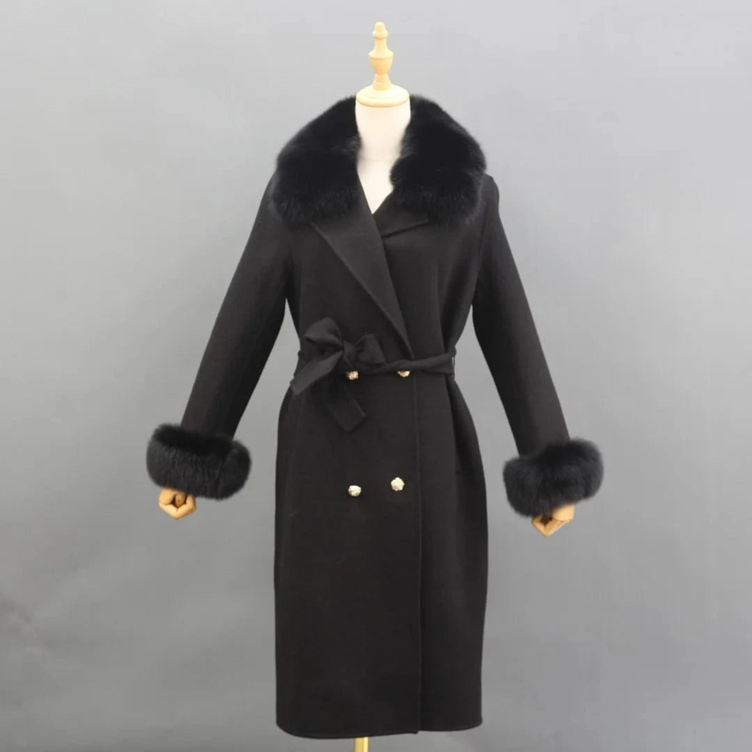 S / Black Winter Trend Real Fox Fur Collar Cashmere Wool Coat with Fur Cuffs