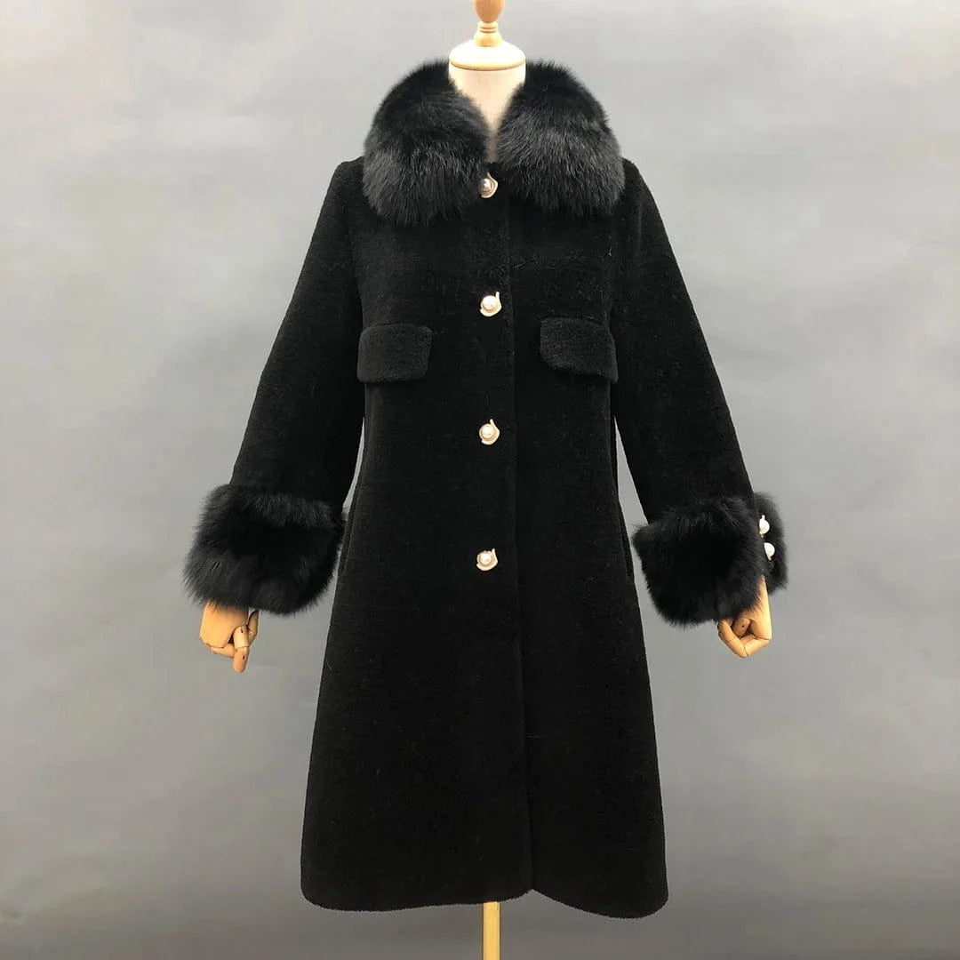 S / Black Winter warm genuine fox fur collar and cuff women real sheep shearling coat