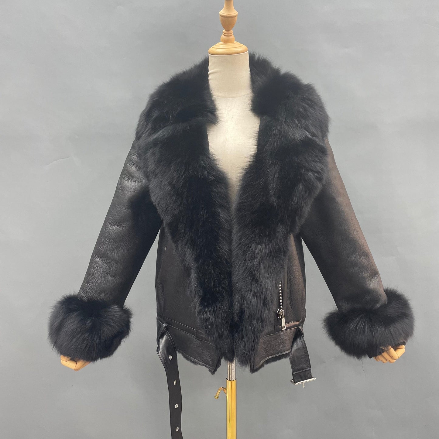 S / Black-with fur cuff Janefur Luxury Sheepskin Fur Coat Winter Warm Real Lamb Leather Coat For Women Double Face Fur Jacket