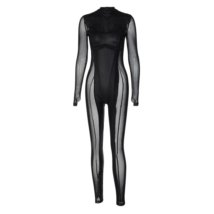S / black Women 2023 Spring Sexy Long Sleeve Mesh See Through Club Bodycon Black Jumpsuit Overalls