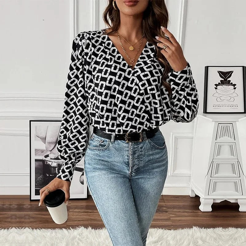 S / Black Women Blouse Boho Black And White Lantern Long-Sleeved V-Neck Stylish Printed Tops