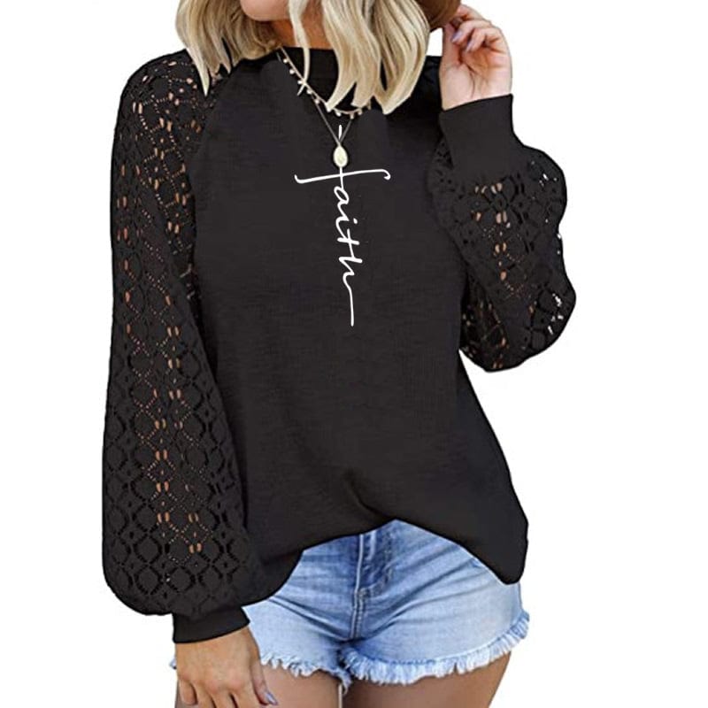 S / black Women's Blouses Faith Flared Sleeves Mesh Fashion Design Loose Soild Color Summer Shirt Blouse  ladies' blouses