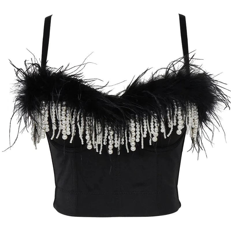 S / Black Women Sexy Nail bead embroidery Feathers spaghetti strap camisole tops teen girls Camisoles for Girls