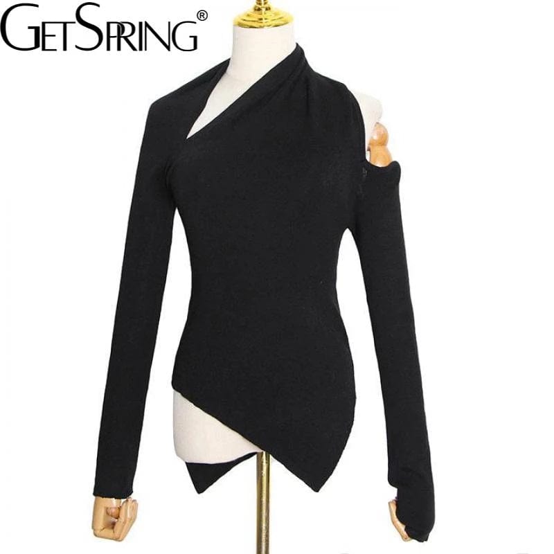 S / Black Women Sweater Asymmetry  Shoulder Sweater Black White Vintage Sexy Irregular knitting Pullover 2022 New