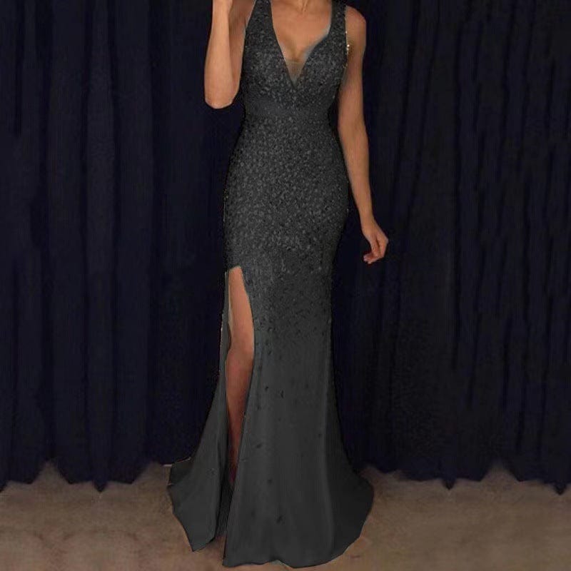 S / black Womens Plus Size Long Evening Slit Sleeveless Dress Prom Dresses Party  Evening Dress
