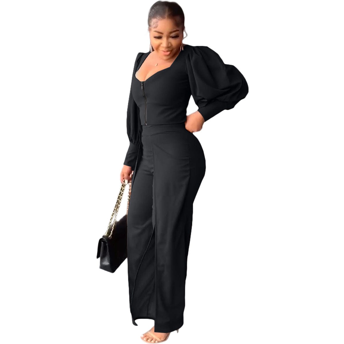 S / black womens sets spring summer women office fashion casual puff sleeve split pants ladies two piece set women's clothing