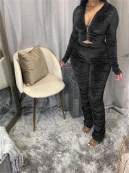 S / Black XS-3XL Solid Color Pleated Long Sleeve Velvet 2 Piece Sets Casual Zipper Hoodies With Jogers Set Fashion Stacked Leggins Set