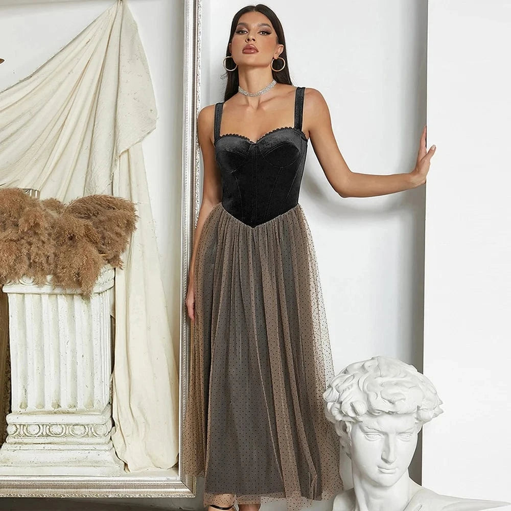 S / Black YBH0369 Fashion Spaghetti Strap Gauze Black Velvet Elegant Wedding Dress High Quality Evening Dresses Party Vestidos for Woman