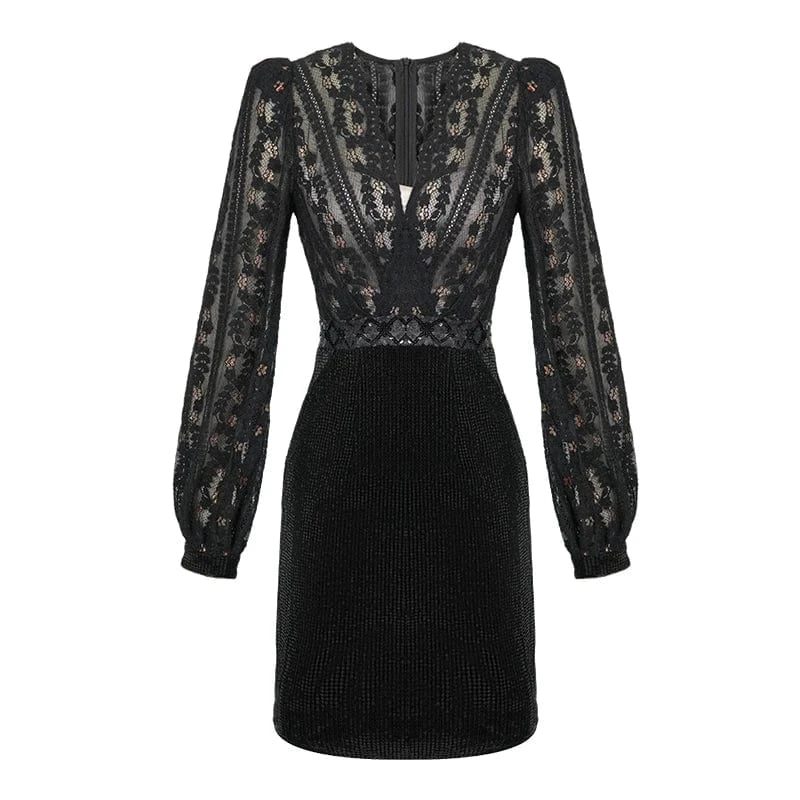 S / Black ZYHT 20919 Trending V Neck Dinner Dress Wholesale Sexy Club Black Lace Short Dresses Sexy Women for Ladies