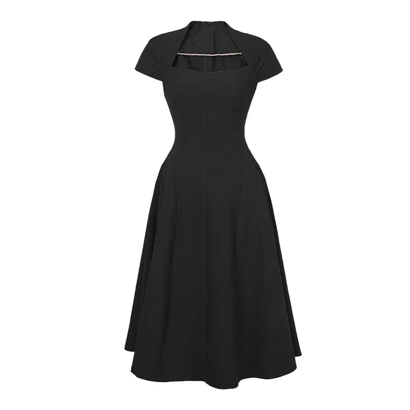 S / Black ZYHT 9625 Fashion Square Neck White Black Bridesmaid Dresses Solid Woven A Line Swing Hepburn Style Long Dress