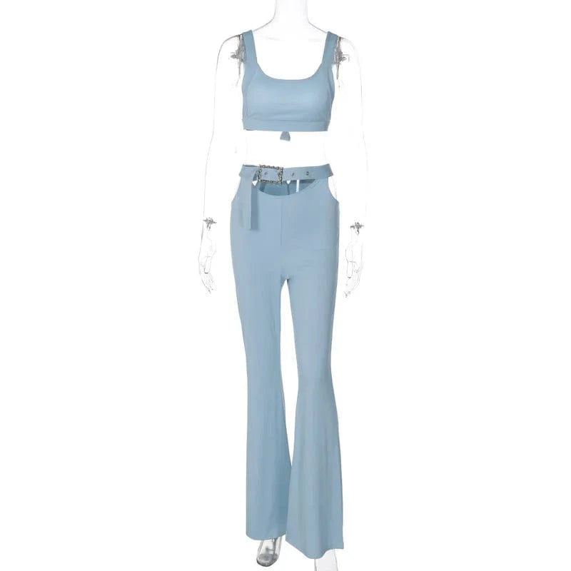 S / Blue 2023 Autumn Fashion Womens Two Piece Sets Solid Color Crop Top Tight Flared Trousers Women Sports Outfits