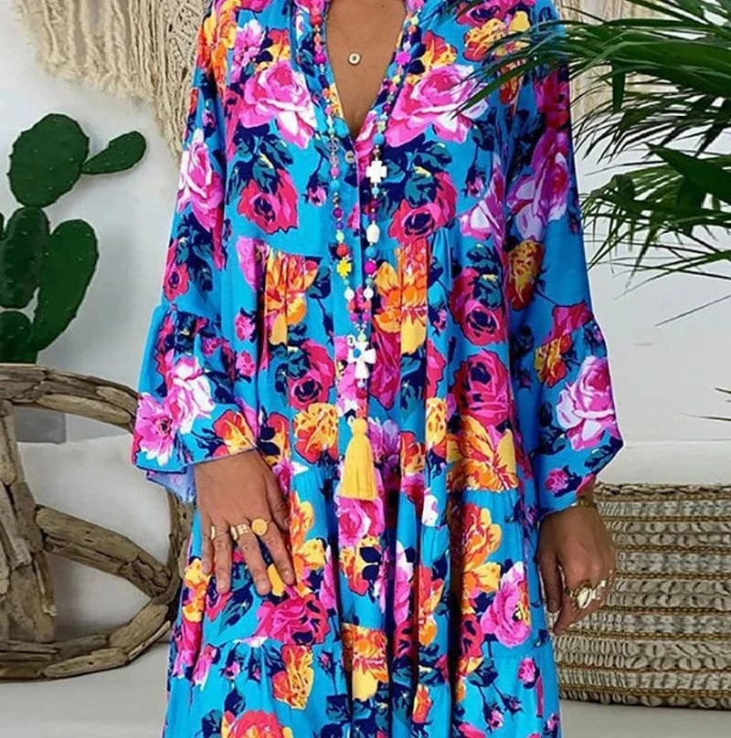 S / Blue 2023 Europe And America Southeast Asia New Casual Fashion Print Long Sleeve Large Size Women's Dress
