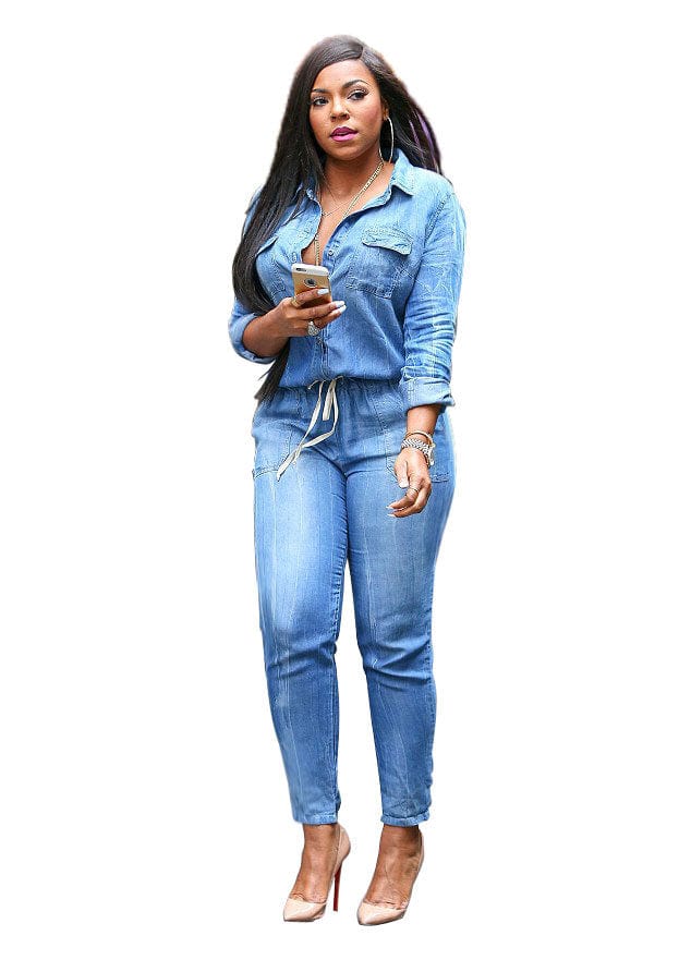S / Blue 2023 New Product Plus Size Overall Blue Jeans Jumpsuits Denim Women Long Sleeve Button Up Jumpsuit Jeans For Women