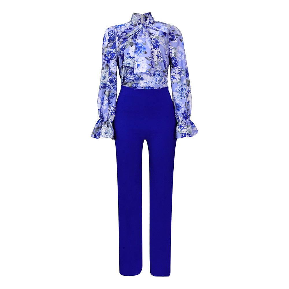 S / Blue 2023 Spring Two Piece Set Women's Clothing Sexy Loose Casual Floral Print Long-sleeved Shirt Wide Leg Pants 2 Piece Set