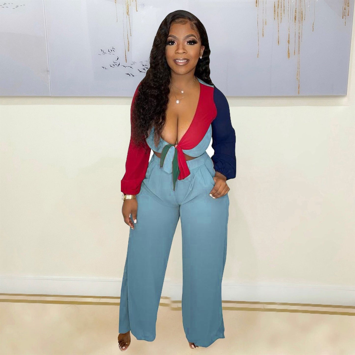 S / Blue 2023 Spring Women Clothes Casual Patchwork 2 Piece Set Long Sleeve  Wide Leg Pants Two Piece Sets for Women Clothing