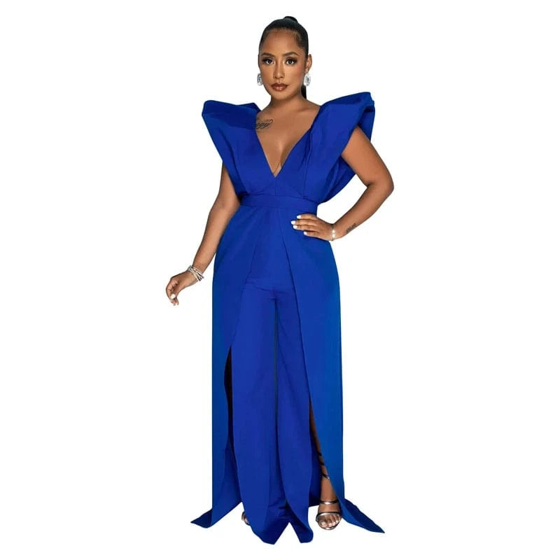 S / Blue 2024 luxury formal women puff shoulder deep v neck backless sexy long evening dinner gown woman romper jumpsuit dress for women