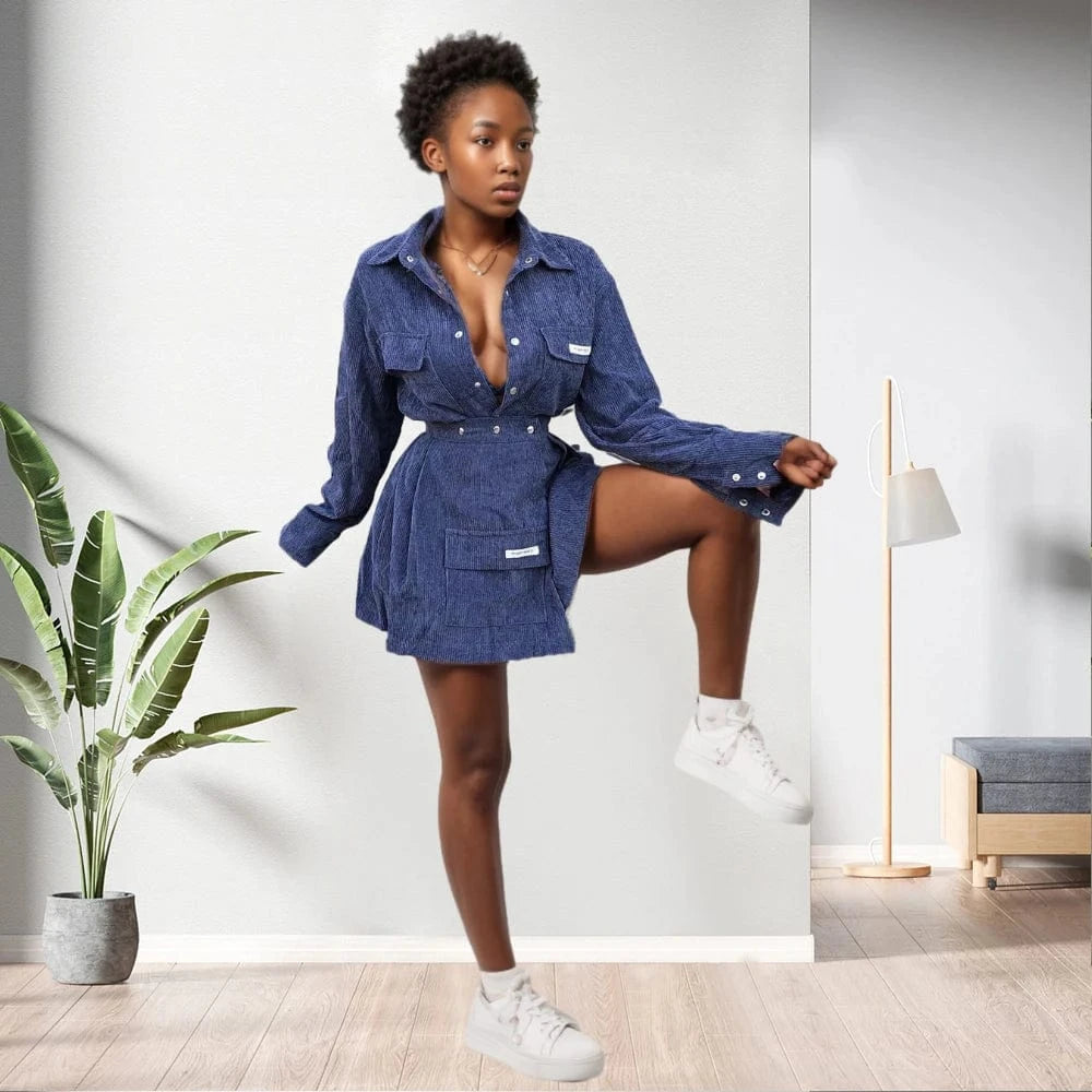 S / Blue 20810-MX56 corduroy pocket button casual women dresses sehe fashion