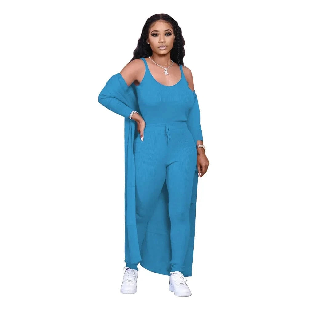 S / Blue 3 Piece Cardigan Autumn Set Womens Clothing Two Piece Fashion 2 Piece Jogger Outfit Women Pant Sets Casual 3pc Fall Set Woman