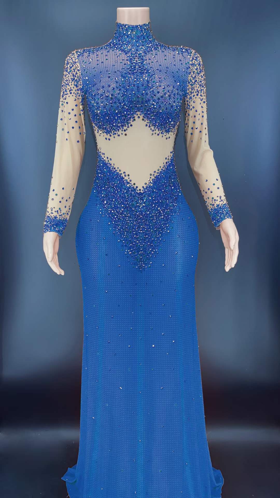 S / Blue AD1154 Long Sleeve Crystal Evening Gowns Party Beading Sequin Exotic Dancewear Women Night Club Outfits