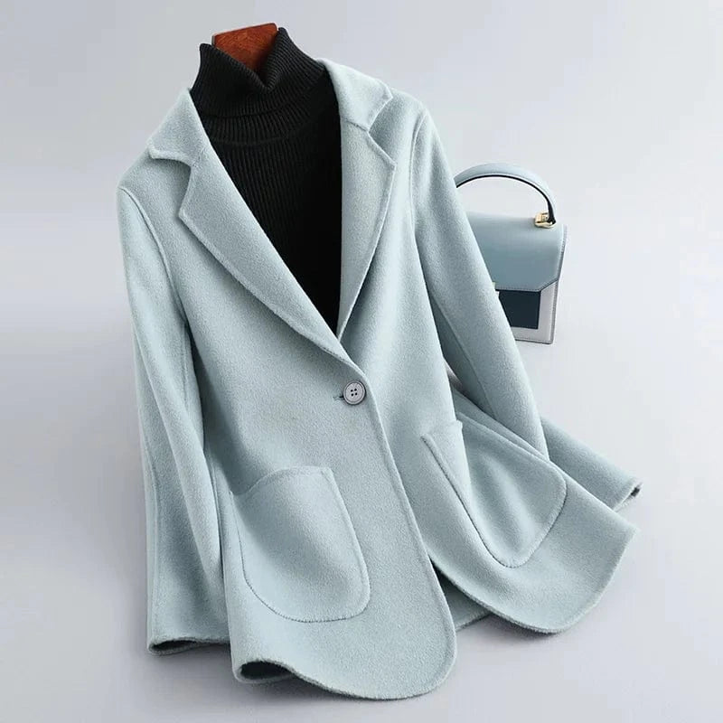 S / Blue Autumn Fashion Cashmere Coat Single Button Turn Down Collar Office Ladies Wool Coats
